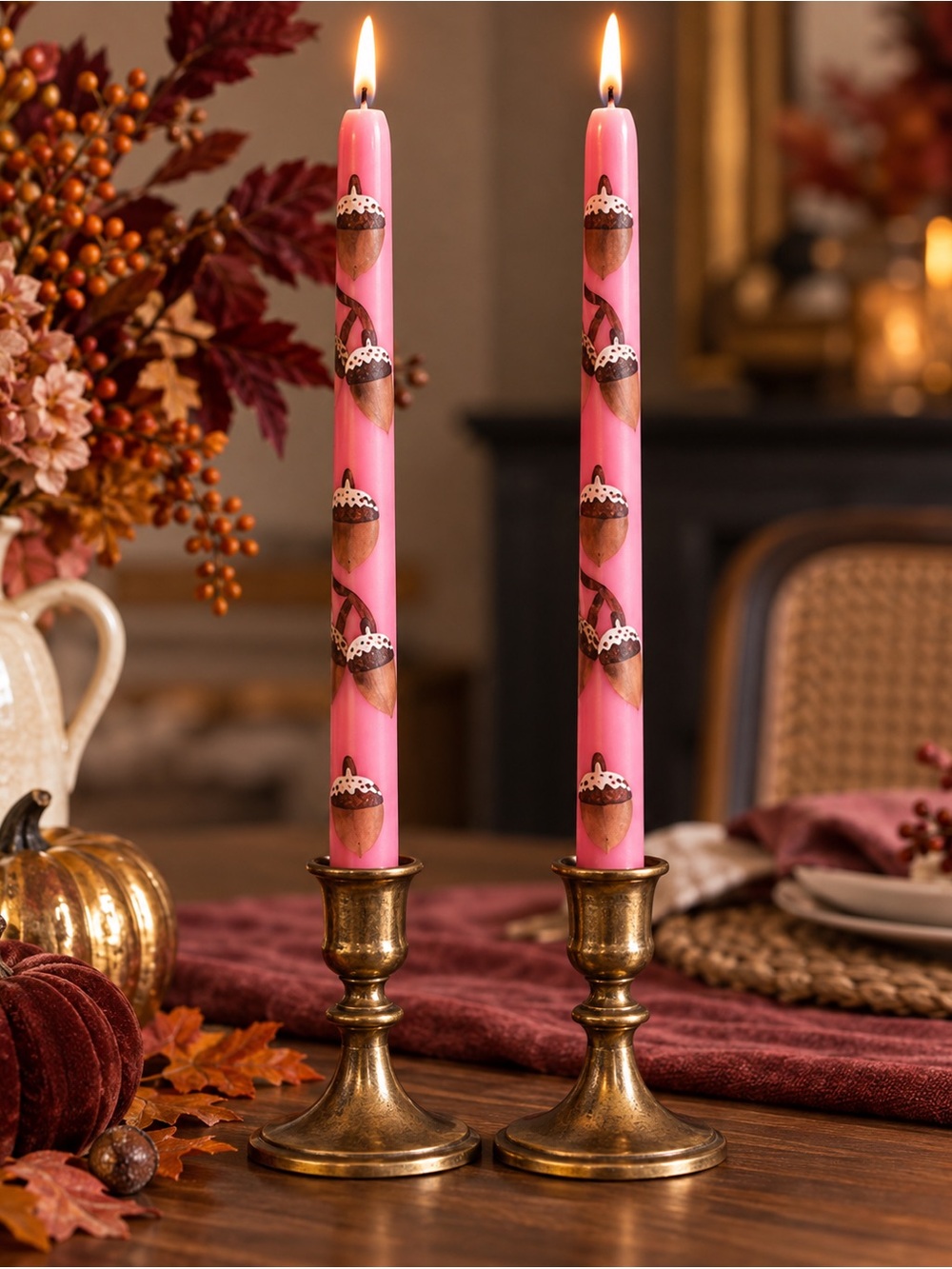 Anthropologie Hand Painted Acorn Taper Candles Set of 2 Pink Fall Thanksgiving